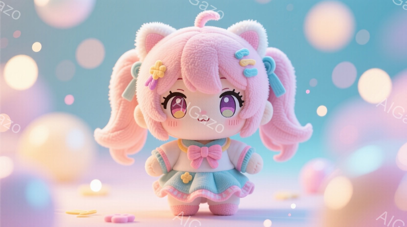 ふわふわしたピンク色の髪をした、可愛らしい少女が立っています。彼女は白い長袖のトップスと、水色の裾がフリルのスカートを着ており、全体的にパステルカラーで統一されています。背景にはぼやけたピンクと黄色の光の玉が散りばめられており、夢のような、甘い雰囲気を醸し出しています。