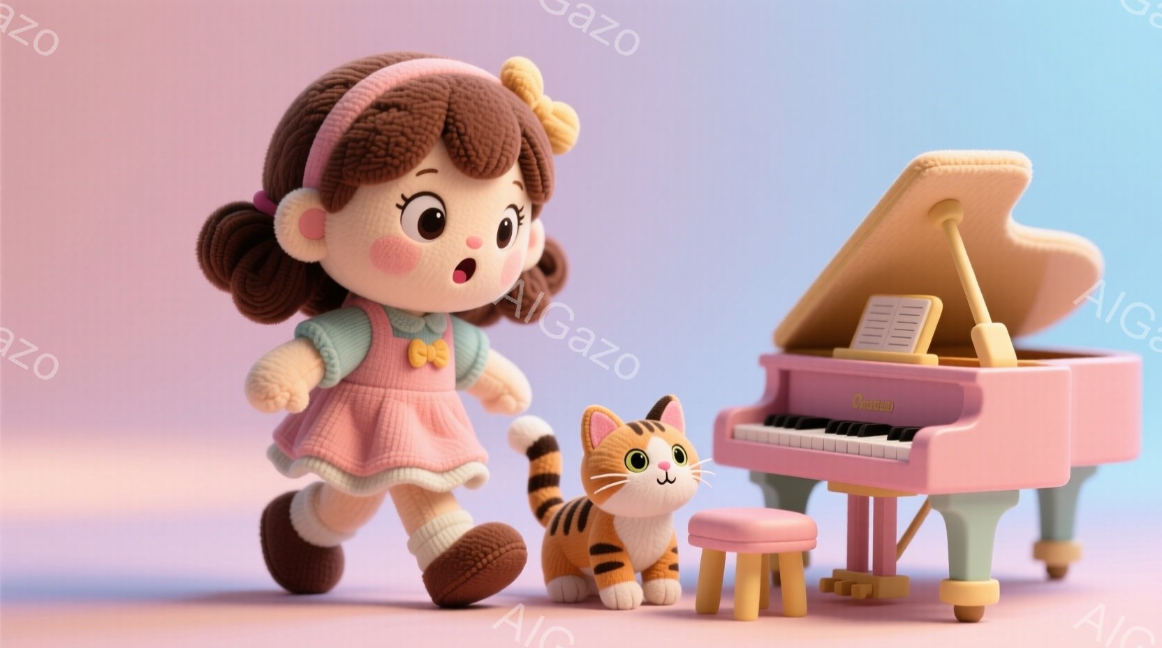 明るいピンク色の背景に、茶色の巻き髪の少女とオレンジ色の縞模様の猫が描かれています。少女はピンク色のワンピースと白い靴を履いており、猫は少女の足元で楽しそうに歩いています。ピンク色のピアノとスツールが背景に配置されており、全体的に温かく、遊び心のある雰囲気を醸し出しています。