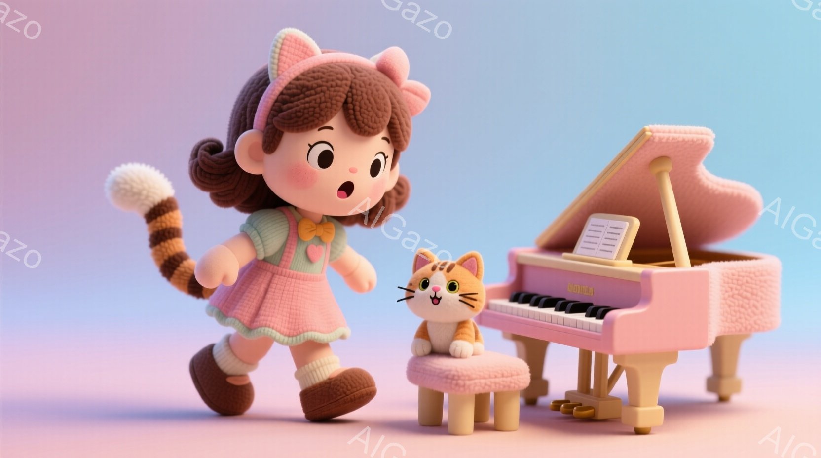 明るいピンク色の背景に、茶色の巻き毛の女の子とオレンジ色の猫が描かれています。女の子はピンク色のワンピースと茶色のブーツを履き、歩いている途中です。猫は小さなスツールに座って、ピンク色のピアノを見つめています。