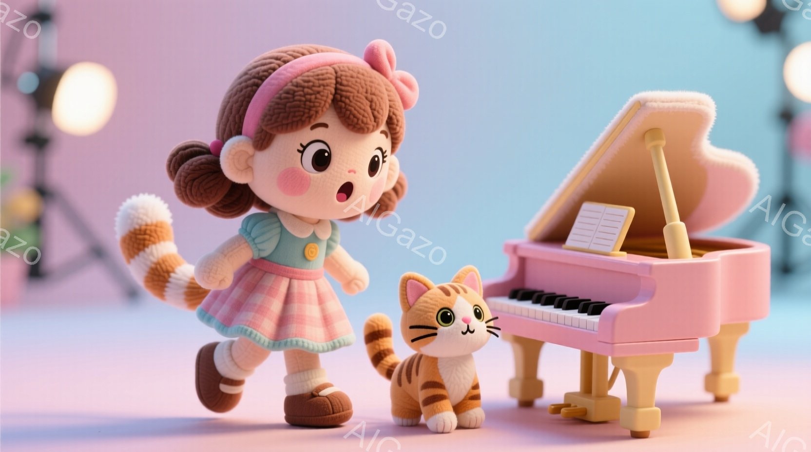 少女はピンク色の水玉模様のスカートとセーターを着ており、カールした茶色の髪に大きなリボンをつけています。彼女は驚いた表情で少し走っているようなポーズをしており、隣にはオレンジと白の縞模様の猫がいます。背景にはピンク色のアップライトピアノがあり、全体的にパステルカラーで可愛らしい雰囲気です。
