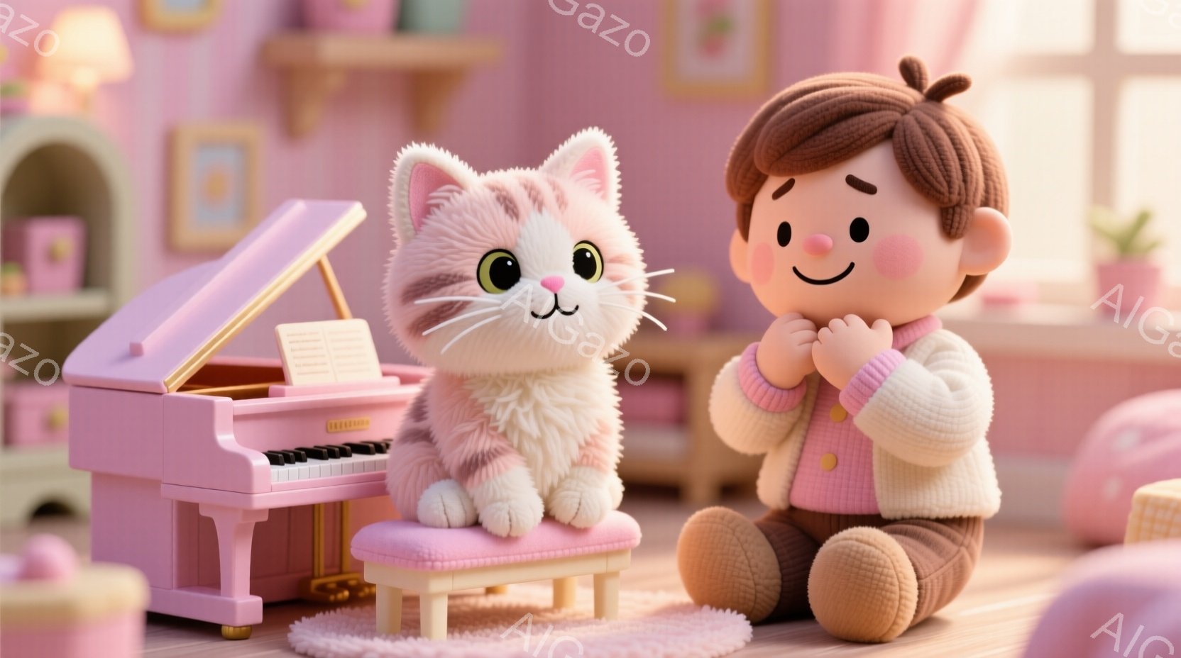 少年はピンク色のセーターを着ており、短く茶色の髪をしています。彼はピンク色のミニピアノの前に座り、両手を合わせて何かを期待しているような表情をしています。背景には、ピンクを基調とした可愛らしい部屋が広がり、ミニチュアの家具や植物が飾られています。