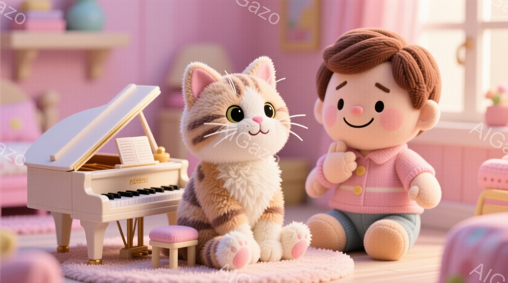 縞模様の猫が小さな白いピアノの前に座り、ピンクのクッションの上にちょこんと腰掛けています。茶髪の少年はピンクのセーターを着て、微笑みながら猫を見つめており、部屋全体はパステルピンクを基調とした可愛らしい雰囲気です。窓からは柔らかい光が差し込み、背景にはピンク色の装飾が施された家具や植物が見えます。
