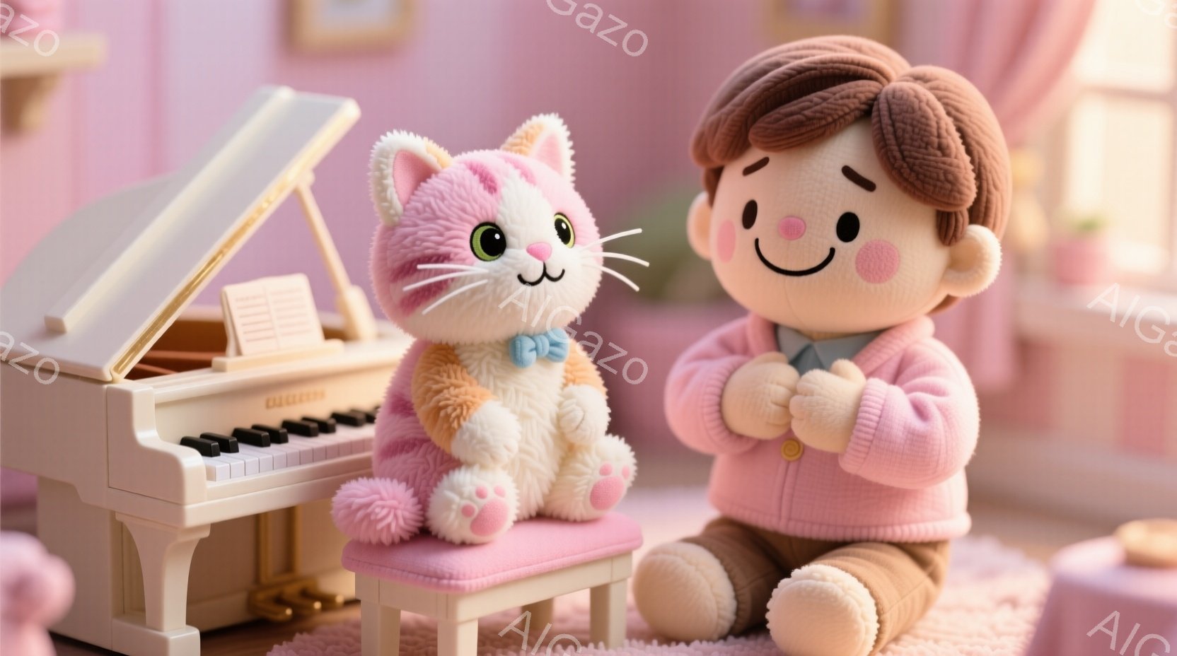 ぬいぐるみのような少年がピンクのカーディガンとクリーム色のズボンを身に着け、両手を合わせて祈っているようなポーズをとっています。背景には、ピンク色の足台に乗った、縞模様の猫のぬいぐるみと白いピアノが見え、全体的に柔らかく、温かく、おとぎ話のような雰囲気です。部屋は淡いピンク色を基調とし、優しく穏やかな空間を演出しています。