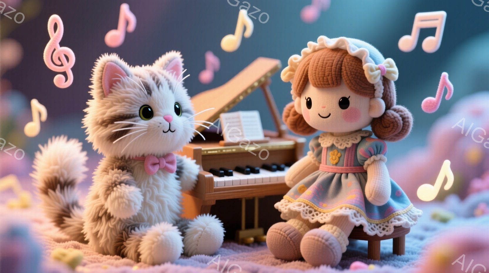 白い縞模様の猫がピンクのリボンをつけて、小さなピアノの隣に座っています。茶色の巻き毛の女の子の人形は、レースの付いた青とピンクのドレスを着て、ピアノの前に座って演奏しているようです。背景はパステルカラーで、音楽記号が浮かんでおり、温かく夢幻的な雰囲気です。