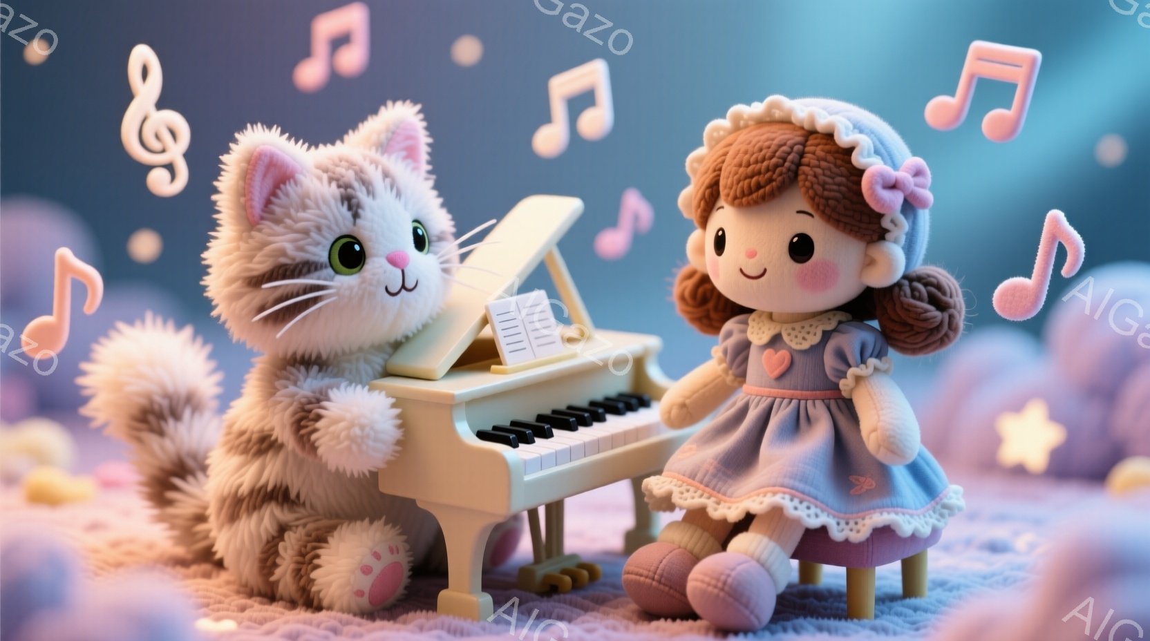 白いふわふわの猫がピアノの隣に座り、演奏を見守っています。人形は薄紫色のドレスに白いエプロンを着て、赤い髪を二つに結んでいます。背景は紫色のぼやけたテクスチャで、音楽記号や星のような装飾が浮かび、夢のような雰囲気を作り出しています。