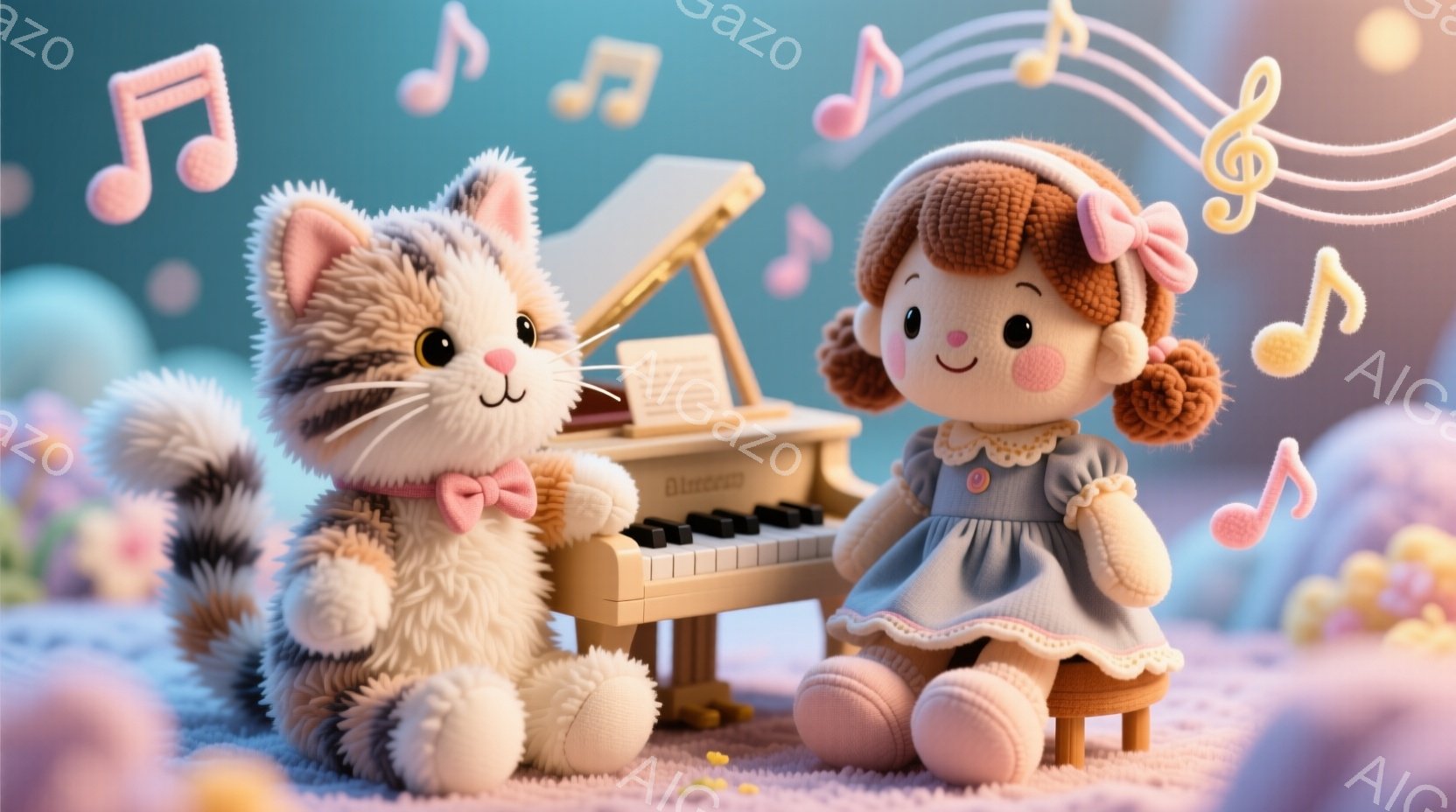 茶色のしま模様の猫と、ピンク色の服を着た女の子の人形がピアノの前に座っています。猫は赤いリボンを首に巻き、人形はカールした茶色の髪と青いドレスを着ており、両者とも穏やかな笑顔を浮かべています。背景には - AI生成フリー素材