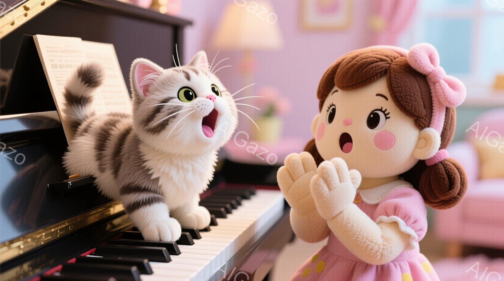 白と黒の縞模様の猫がピアノの鍵盤に立ち、口を開けて歌っているように見える。ピンク色のワンピースを着た女の子が両手を合わせて猫を見つめており、顔には驚きと喜びの表情が浮かんでいる。背景には、ぼやけたピン - AI生成フリー素材