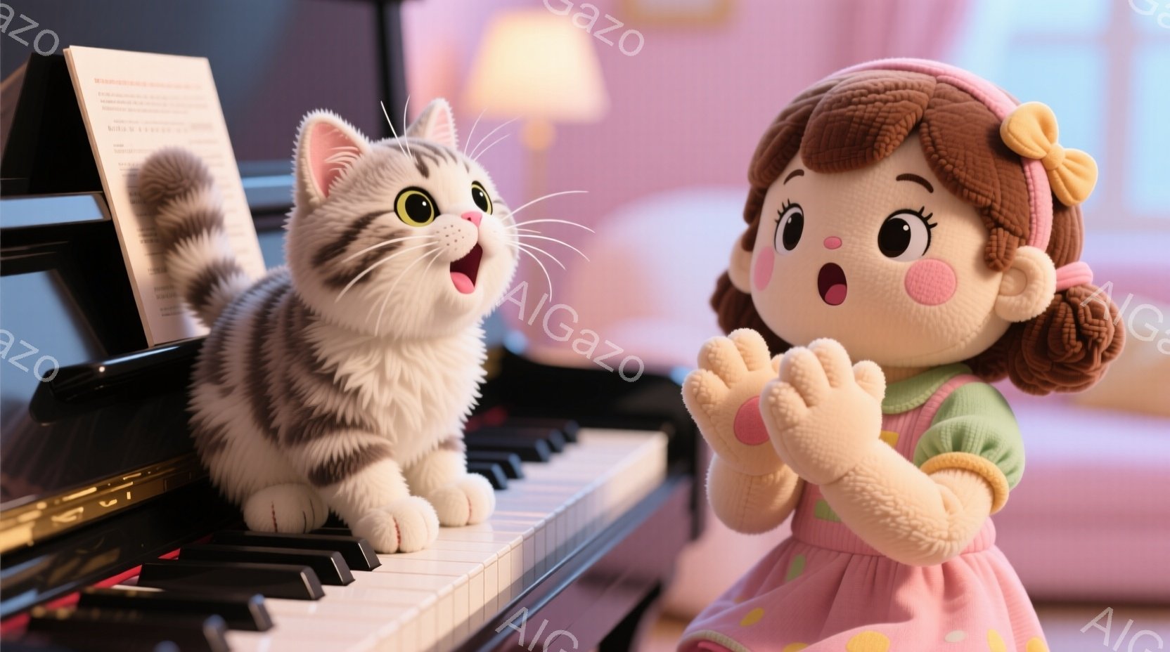 明るいピンク色のワンピースを着た、カールした茶色の髪の少女が両手を合わせて驚いた表情をしています。灰色の縞模様の猫がピアノの鍵盤に立ち、楽譜を見上げながら口を開けています。背景には、ぼやけた部屋のインテリアと柔らかい照明があり、温かく楽しい雰囲気が漂っています。