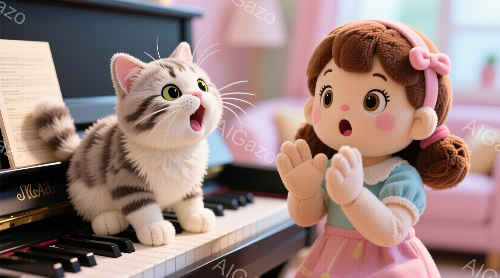 白と黒の縞模様の猫がピアノの上で歌っているように見え、驚いた表情の茶髪の少女が両手を合わせて見ている。背景にはぼやけたピンク色の壁があり、全体的に暖かく、おとぎ話のような雰囲気である。少女はピンクのドレスと水色のシャツを着ており、髪は二つの三つ編みに結ばれている。