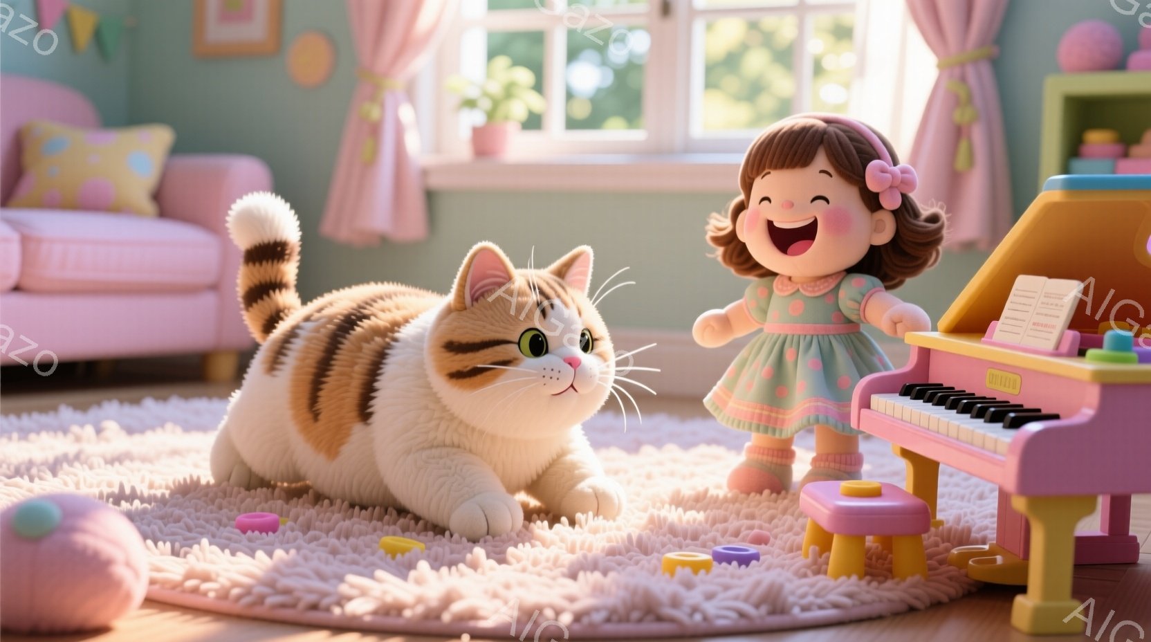 明るい色の部屋で、茶色いストライプの大きな猫がピンク色のふわふわのカーペットの上に横たわっています。緑色のワンピースを着た女の子が小さなピンク色のピアノの前で両手を広げ、笑顔で歌っているようです。背景には、植物、ソファ、窓が見え、全体的に温かく、楽しい雰囲気が漂っています。