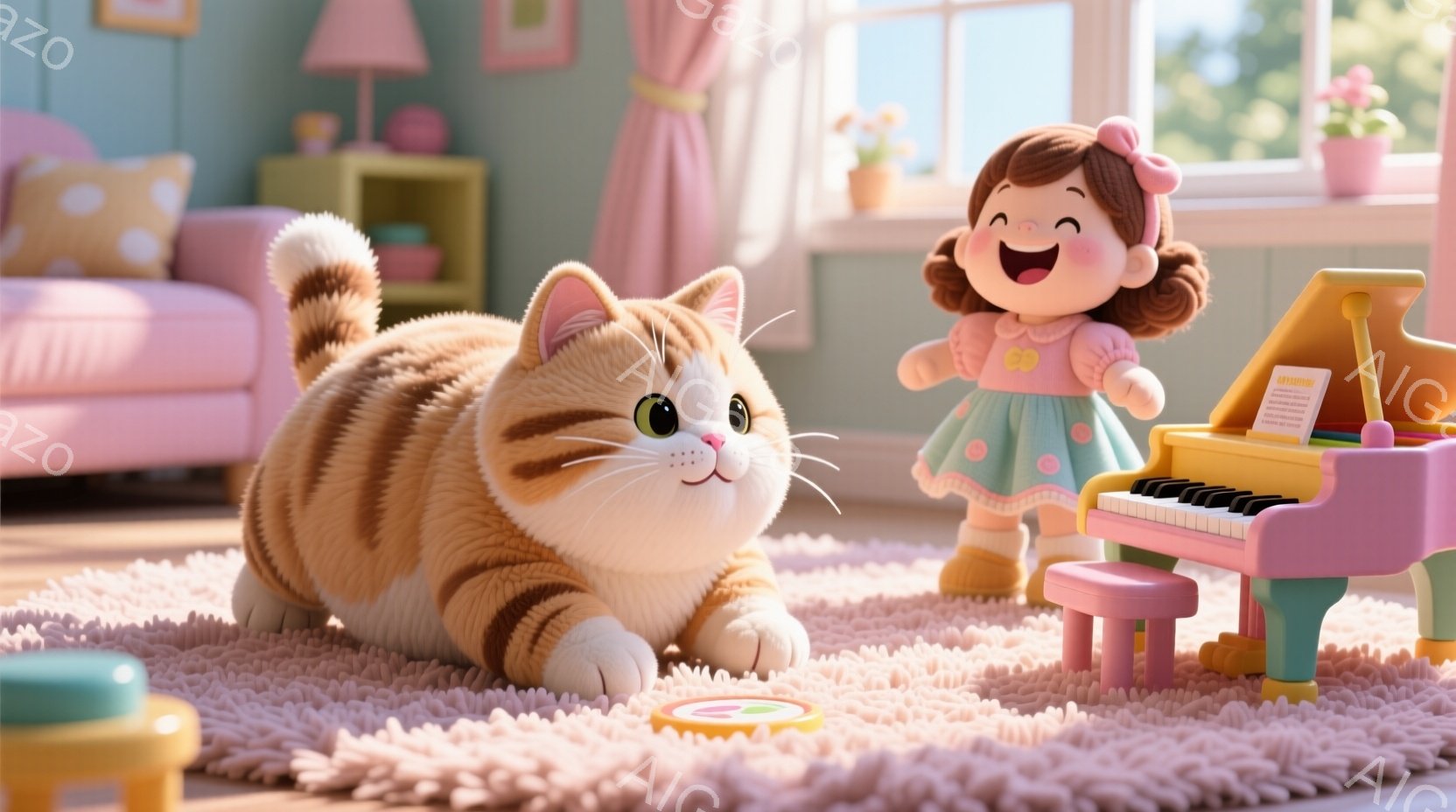明るい部屋の中には、オレンジ色の縞模様の大きな猫と、水色のワンピースを着た茶色の巻き毛の女の子がいます。猫は絨毯の上でリラックスして横たわり、女の子はピアノの前に立ち、嬉しそうに微笑んでいます。背景にはピンク色のカーテン、緑色のソファ、窓からの自然光が見え、温かく幸せな雰囲気が漂っています。
