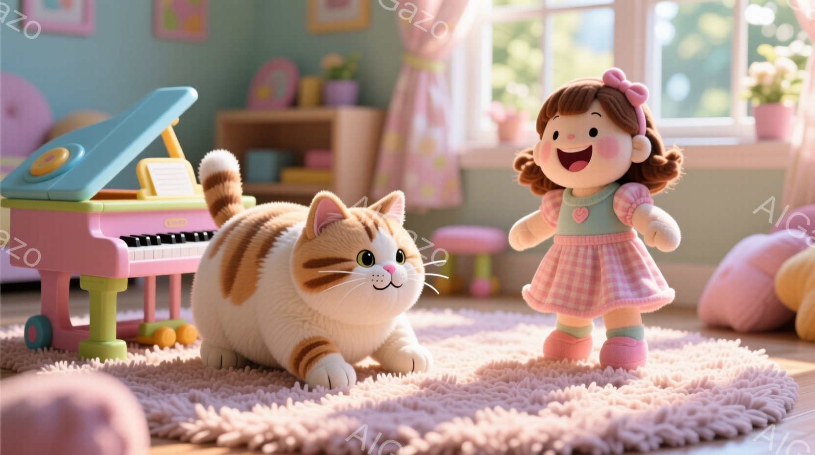 明るいピンク色の敷物の上に、赤毛で巻き髪の女の子の人形が立っており、ギンガムチェックのピンク色のドレスと白いエプロンを着ています。彼女は笑顔で、少し顔を赤らめており、右手を胸に当てています。背景には、子供用のピアノと椅子があり、明るい日差しが差し込む窓と、柔らかいピンクと緑色の壁が楽しげな雰囲気を演出しています。
