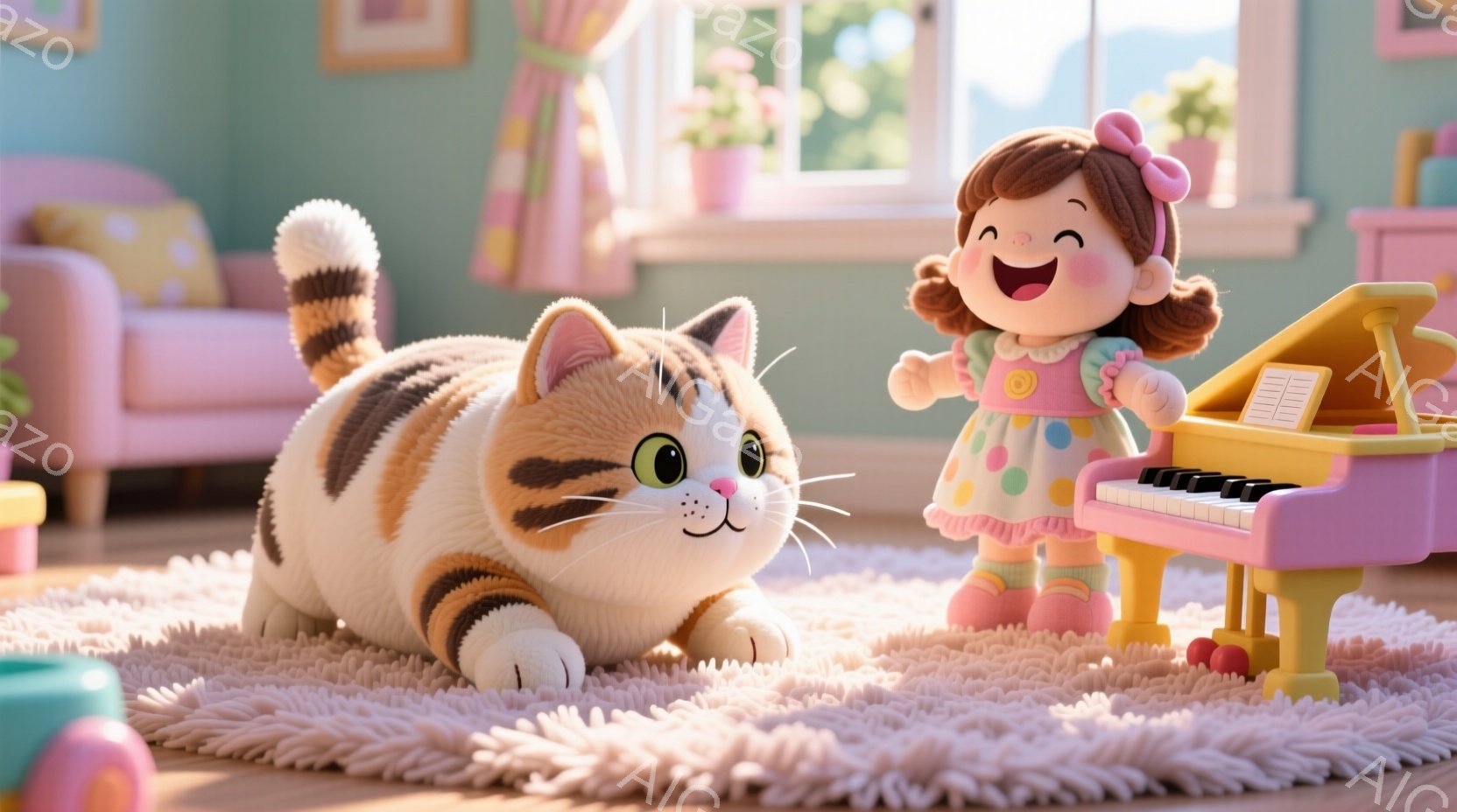 明るい室内で、巻き毛の茶髪にピンクのリボンをつけた女の子が、水玉模様のワンピースを着て、小さなピンクのピアノの前で両手を広げて楽しそうに歌っています。大きなオレンジと白の縞模様の猫が、ピンクのフカフカ - AI生成フリー素材