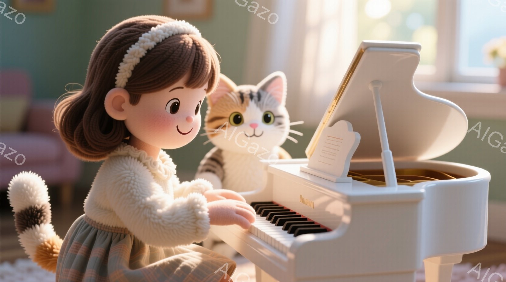 少女は白いアップライトピアノの前に座り、両手で鍵盤を弾いています。彼女はふわふわの白いセーターとチェック柄のスカートを着ており、髪はカールしてヘッドバンドで留められています。背景には窓があり、暖かい光 - AI生成フリー素材