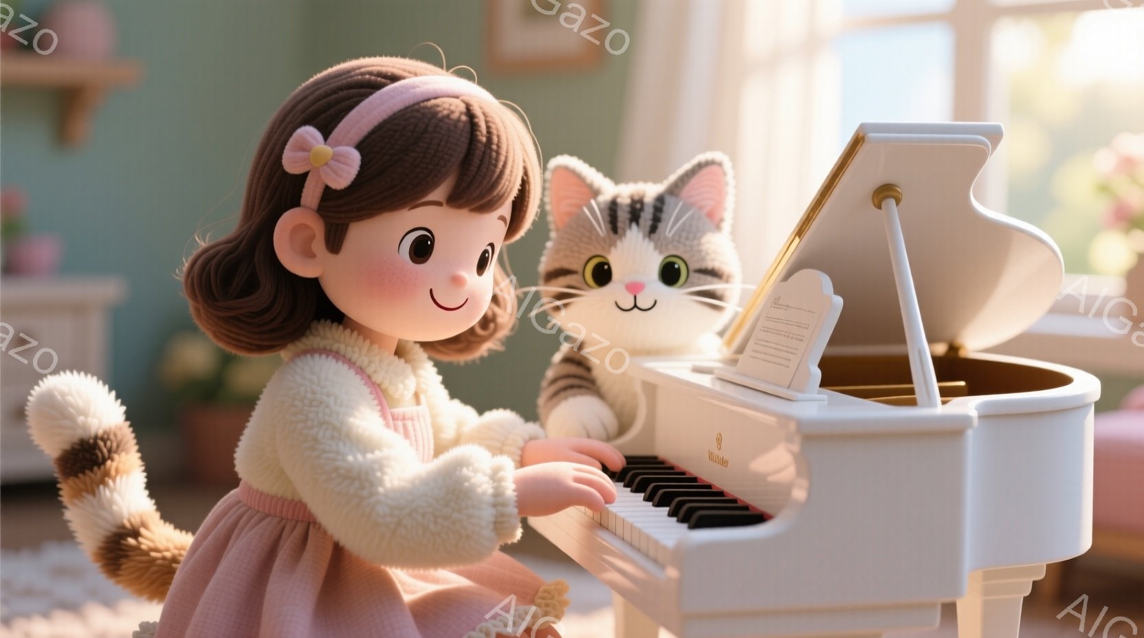 明るい色彩の室内で、少女が白いピアノを弾いています。彼女はピンク色のドレスに白いセーターを着ており、髪はリボンで結ばれています。隣には、縞模様の猫が興味深そうに少女を見つめており、温かく優しい雰囲気が - AI生成フリー素材