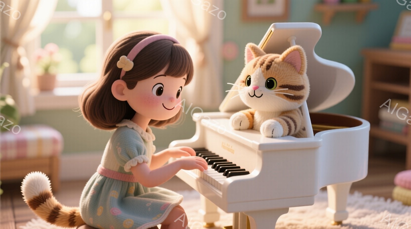 茶色の巻き毛の少女が、水色のドット模様のワンピースを着て、白いグランドピアノを弾いています。ピアノの上には、同じく茶色の縞模様の猫が寄りかかっており、優しい微笑みを浮かべています。背景には、窓から差し - AI生成フリー素材