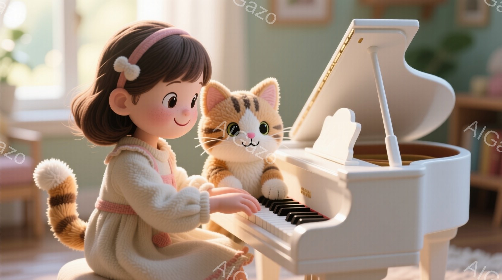 明るい茶色の髪にピンクのリボンをつけた幼い女の子が、白いアップライトピアノを弾いています。彼女はクリーム色のふわふわしたセーターを着ており、真剣な表情で鍵盤に向かっています。背景には穏やかな光が差し込み、暖かく優しい雰囲気が漂っています。