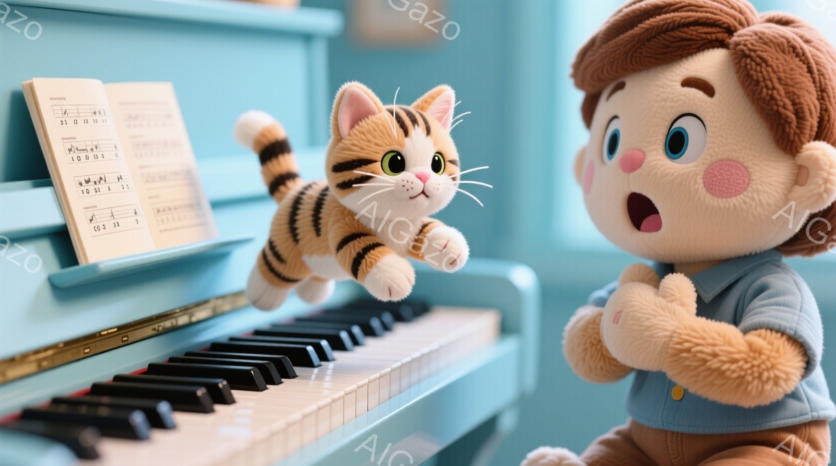 明るい青色の背景を背景に、ピアノの前に置かれた茶色の髪の少年と、鍵盤の上を飛び越える縞模様の猫が写っています。少年は青いセーターを着ており、驚いた表情で両手を広げて猫を見つめています。背景には楽譜が立てかけられており、全体的に遊び心のある、楽しい雰囲気が漂っています。