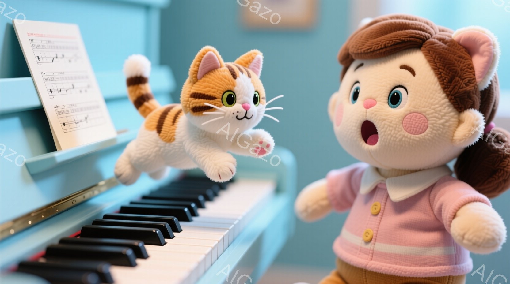 茶色の巻き毛の女の子のおもちゃがピンク色のセーターを着て、驚いた表情で口を開けています。彼女の髪はリボンで結ばれており、彼女のすぐ隣には、鍵盤の上を飛び越えるようにして空中にいる縞模様の猫のおもちゃがいます。背景には黒いピアノと楽譜があり、明るく陽気な雰囲気です。