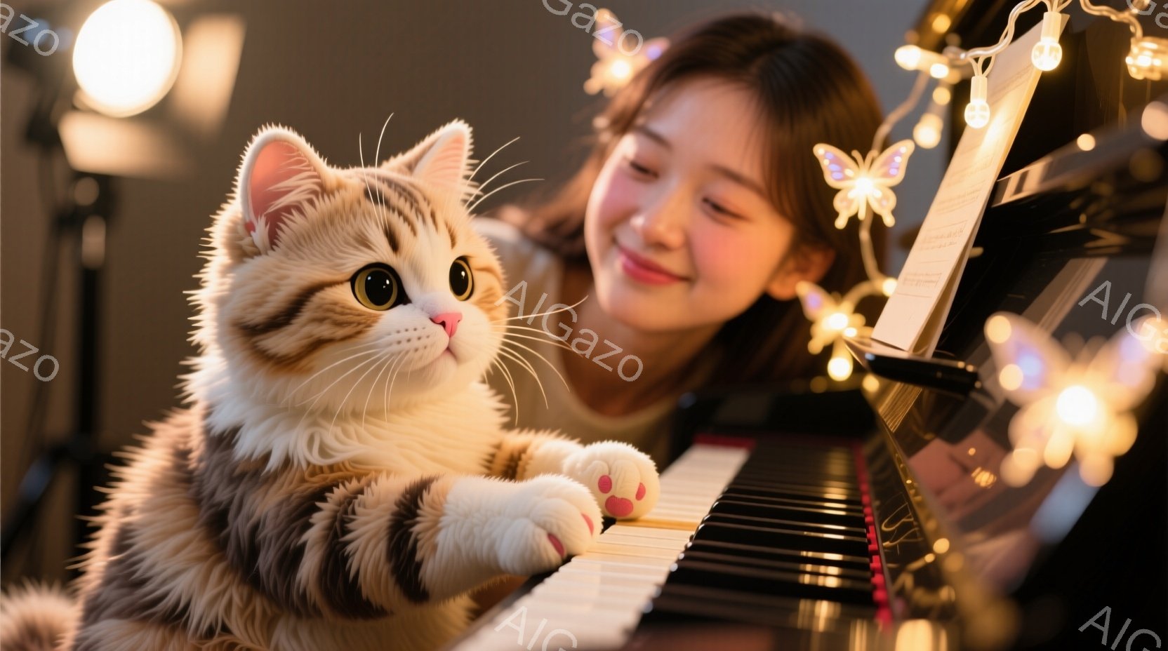 明るい茶色の髪を肩まで下ろした若い女性が、ピアノの傍で微笑んでいます。彼女は白いニットを着ており、リラックスした表情を浮かべています。ピアノの上には楽譜が置かれ、周囲には光る蝶の飾りと間接照明があり、温かく穏やかな雰囲気を醸し出しています。