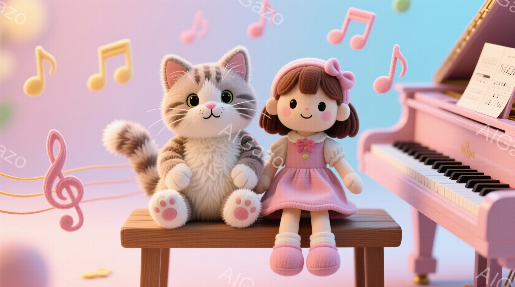 明るいピンク色の背景に、茶色の縞模様の猫と人形が並んで座っています。人形はピンクのワンピースと靴を身につけ、茶色の髪をリボンで結んでいます。背景には、ピンク色のピアノと音符が浮かび、全体的に暖かく、楽 - AI生成フリー素材