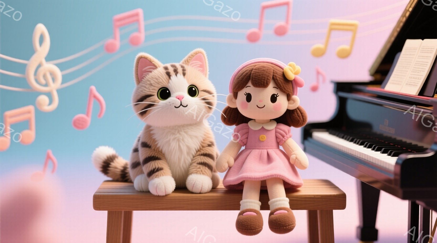 明るいピンク色のワンピースを着た女の子の人形と、茶色の縞模様の猫のぬいぐるみが、ピアノの前に置かれた小さなベンチに並んで座っています。人形は茶色の髪をカールさせており、穏やかな表情をしています。背景には、明るい青とピンクのグラデーションと音符が散りばめられており、音楽的な雰囲気を醸し出しています。