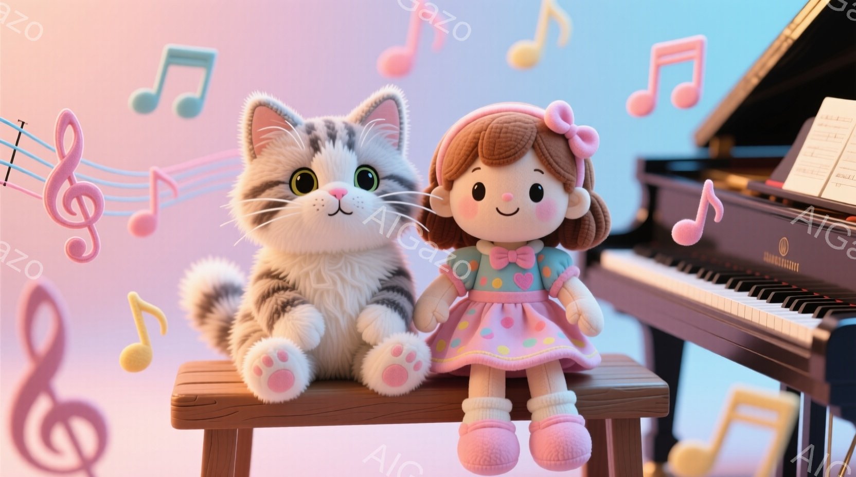 縞模様の猫と人形がピアノのベンチに座っています。人形はピンク色のドレスとリボン、白い靴下を身に着け、明るい笑顔を浮かべています。背景には、音符が浮かび、ピアノと穏やかなピンクと水色のグラデーションが広がっており、全体的に温かく、音楽的な雰囲気を醸し出しています。