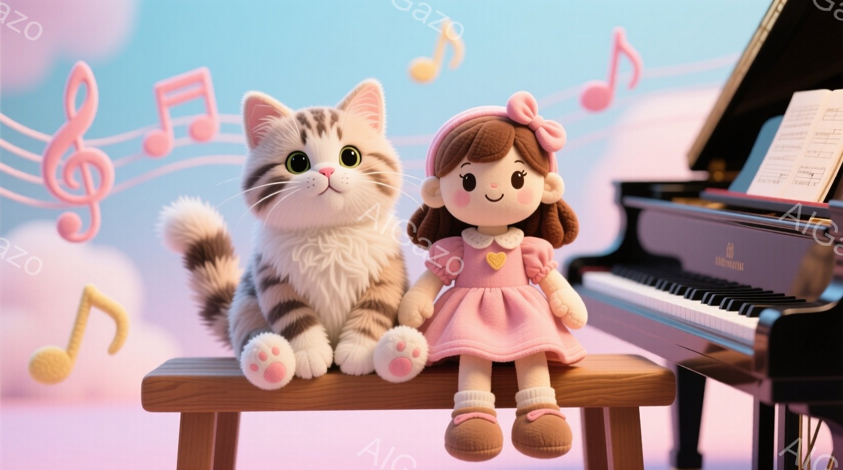 明るいピンク色の背景に、縞模様の猫と人形がピアノの前に座っています。人形はピンクのドレスと白いタイツ、赤い靴を履き、茶色のカールした髪をしています。背景には音符が浮かび、ピアノの上には楽譜が置かれており、全体的に穏やかで可愛らしい雰囲気です。