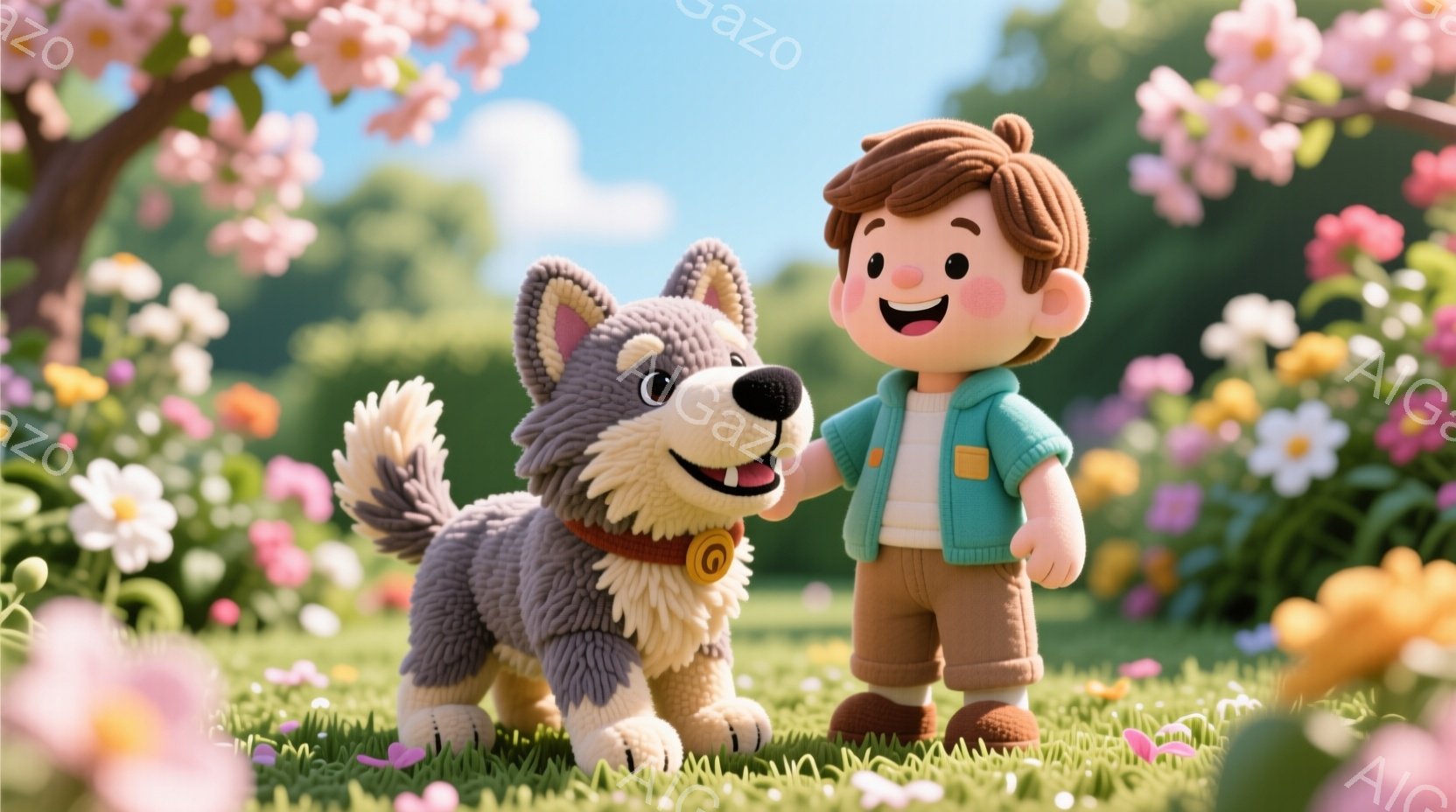 明るい緑の芝生の上で、少年と犬が寄り添っています。少年は茶色の短い髪で、青いシャツに黄色いベストを着ており、笑顔で前を見つめています。背景には桜の木が咲き乱れ、暖かい春の陽気な雰囲気が漂っています。 - AI生成フリー素材