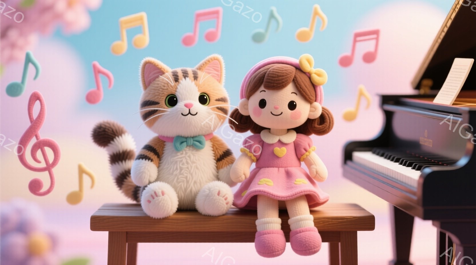 ぬいぐるみである茶色の縞模様の猫とピンク色のドレスを着た女の子が、ピアノの鍵盤の前に置かれたスツールに並んで座っています。 猫は水色のリボンを結び、女の子は明るい色の髪をリボンで結び、明るい表情をしています。 背景は柔らかいピンクと青のグラデーションで、浮かぶ音符が可愛らしい雰囲気を醸し出しています。