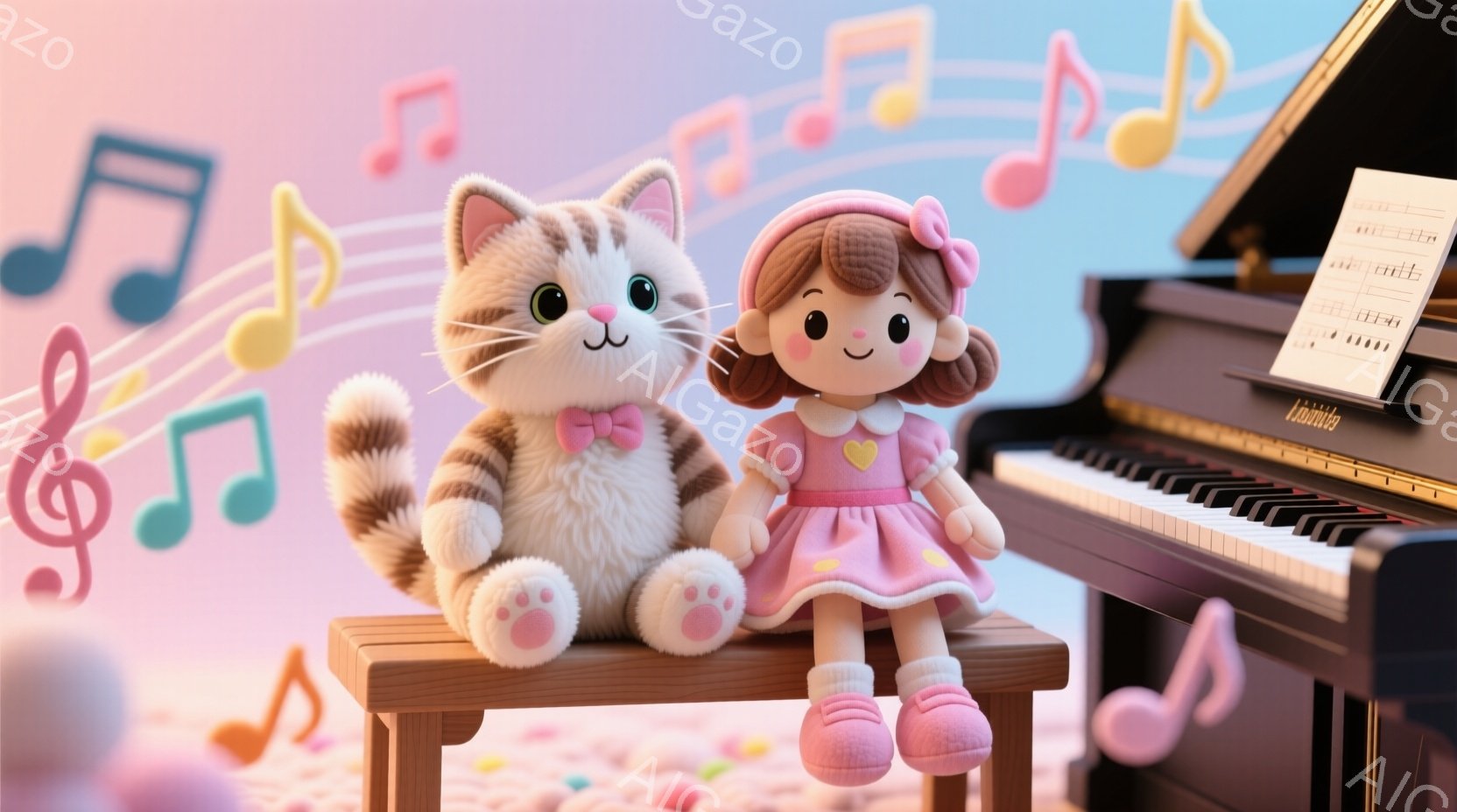 ぬいぐるみである少女と猫がピアノの傍らのスツールに座っています。少女はピンク色のフリルのドレスと白い靴を履き、茶色の巻き毛にピンクのリボンをつけています。背景には音楽記号が散りばめられており、ピンクと紫の淡い色調が優しく、暖かく、音楽的な雰囲気を醸し出しています。