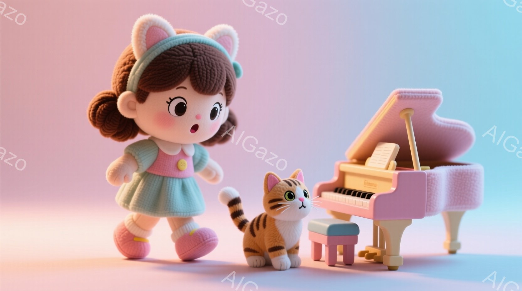 明るいピンク色の背景に、巻き毛の茶髪に水色のワンピースを着た少女と、縞模様の猫、そしてピンク色のピアノが配置されています。少女は嬉しそうな表情で、猫に向かって歩き出そうとしており、猫はピアノの前に座っ - AI生成フリー素材