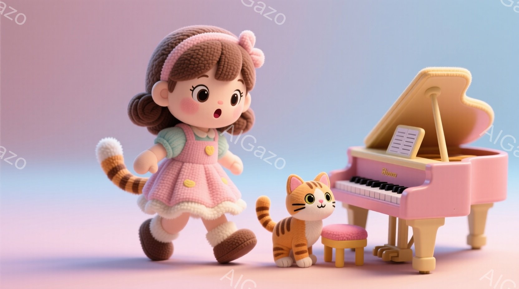 明るいピンク色の背景に、茶色の巻き毛の女の子とオレンジ色の縞模様の猫が描かれています。女の子はピンク色のワンピースに身を包み、足元には茶色のブーツを履いています。猫は女の子に寄り添い、ピンク色の小さな - AI生成フリー素材