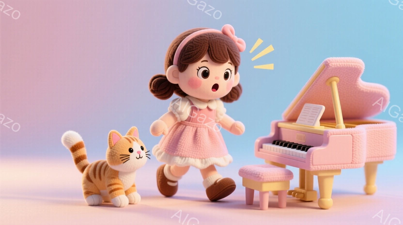 明るいピンク色の背景に、オレンジ色の縞模様の猫と少女が描かれています。少女はピンク色のワンピースと茶色の靴を履き、髪は二つの結び目にしており、驚いた表情をしています。ピンク色のピアノとスツールが背景にあり、全体的に可愛らしく、温かい雰囲気です。