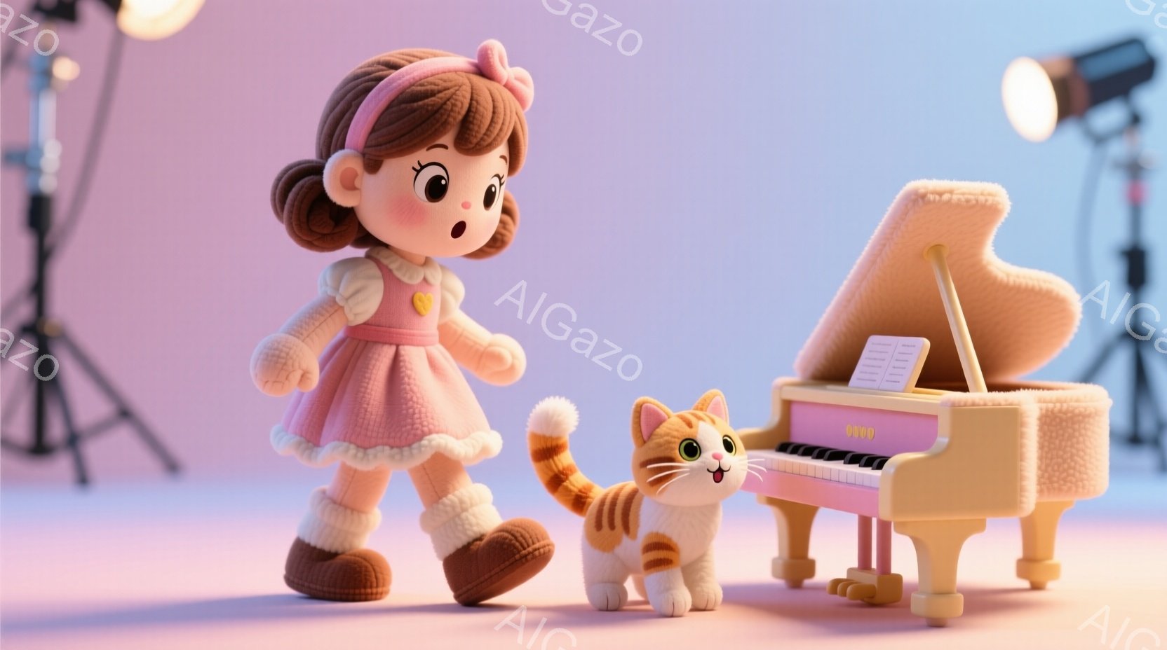 明るいピンク色のセーターと茶色のブーツを履いた女の子が、オレンジと白の縞模様の猫と一緒に、小さなアップライトピアノの前に立っています。女の子はカールした茶色の髪と驚いた表情をしており、猫は彼女の足元で幸せそうにしています。背景は淡いピンク色で、照明機材が配置されており、全体的に温かく、遊び心のある雰囲気です。