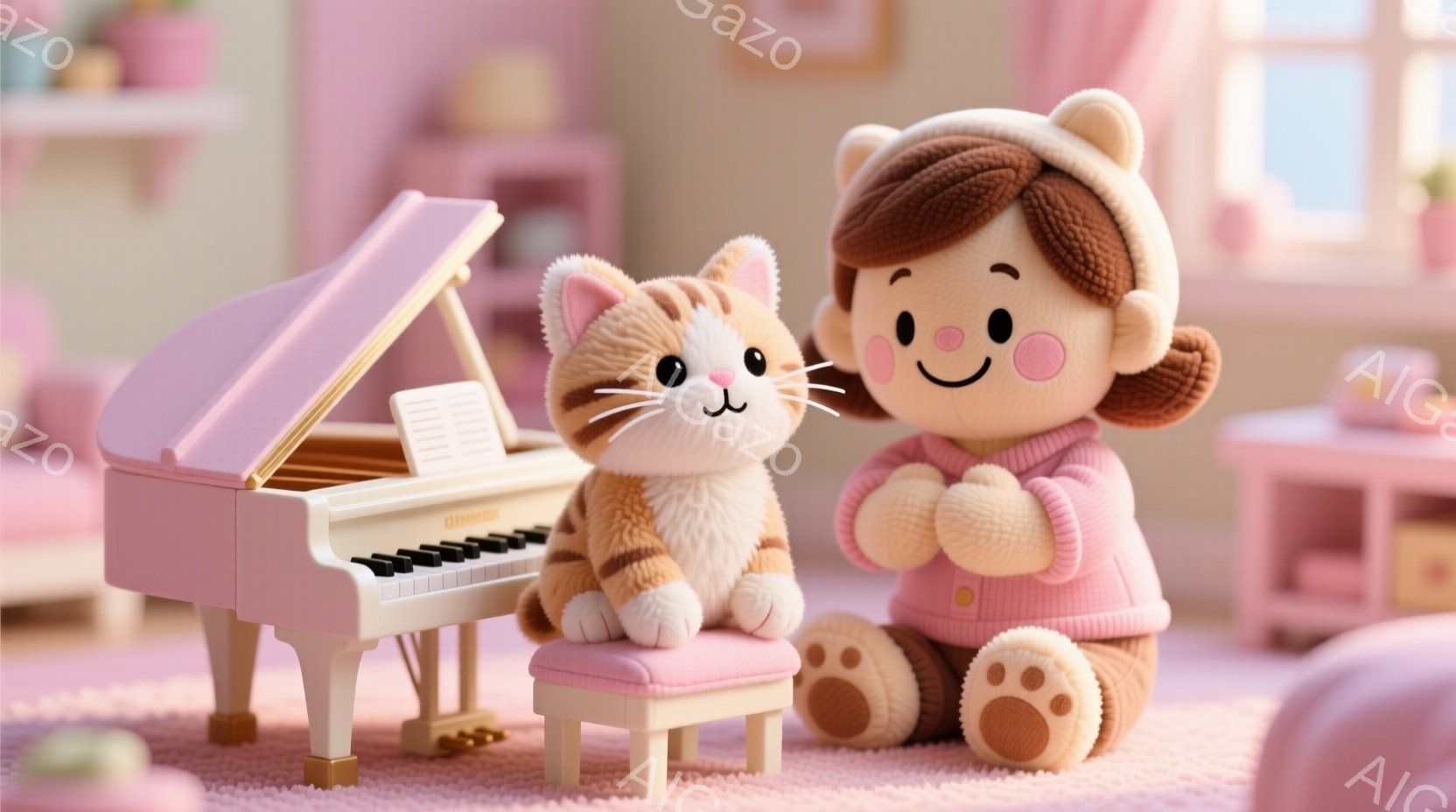明るいピンク色の部屋で、茶色の髪にリボンをつけた少女がピアノの傍らに座っています。彼女はピンク色の服を着ており、足元には肉球のついた靴を履いています。小さなオレンジ色の猫がピアノの前に座って楽譜を見ているようで、全体的に温かく、可愛らしい雰囲気です。