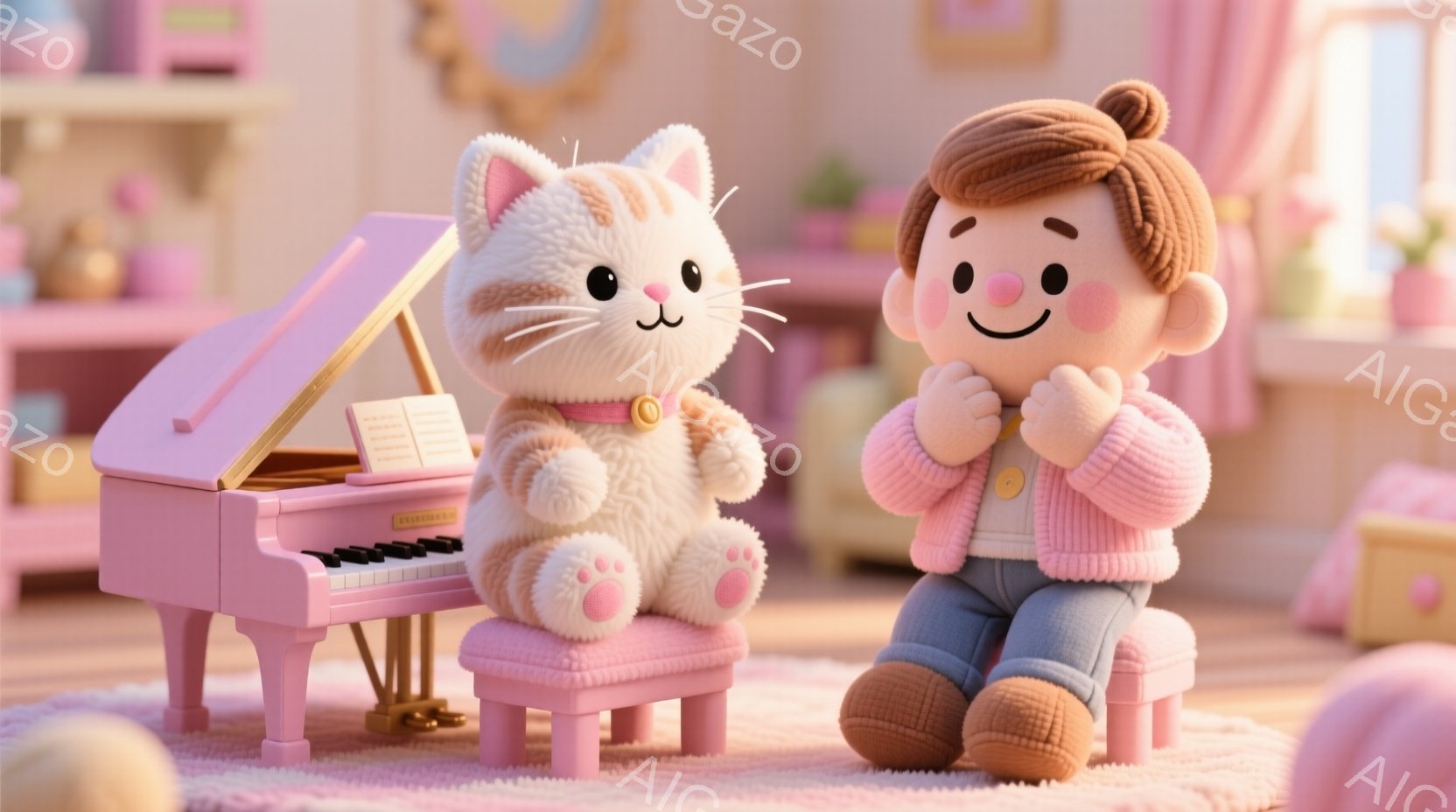 明るいピンク色の部屋で、茶色い髪の少年がピンクのピアノの前に座っています。少年は青いズボンとピンクのカーディガンを着ており、両手を組んでピアノを弾く猫を熱心に見守っています。背景には、パステルカラーの家具や装飾が見え、全体的に温かく、遊び心のある雰囲気です。