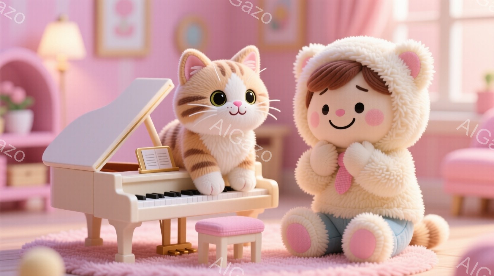 縞模様の猫がピアノの前に座り、楽譜を見ながら演奏している様子が描かれています。少年はクリーム色のふわふわしたパーカーを着て、ピンク色のカーペットの上に座り、猫の演奏を両手で鑑賞しています。背景は柔らかいピンク色を基調とした室内で、暖かく、遊び心のある雰囲気が漂っています。