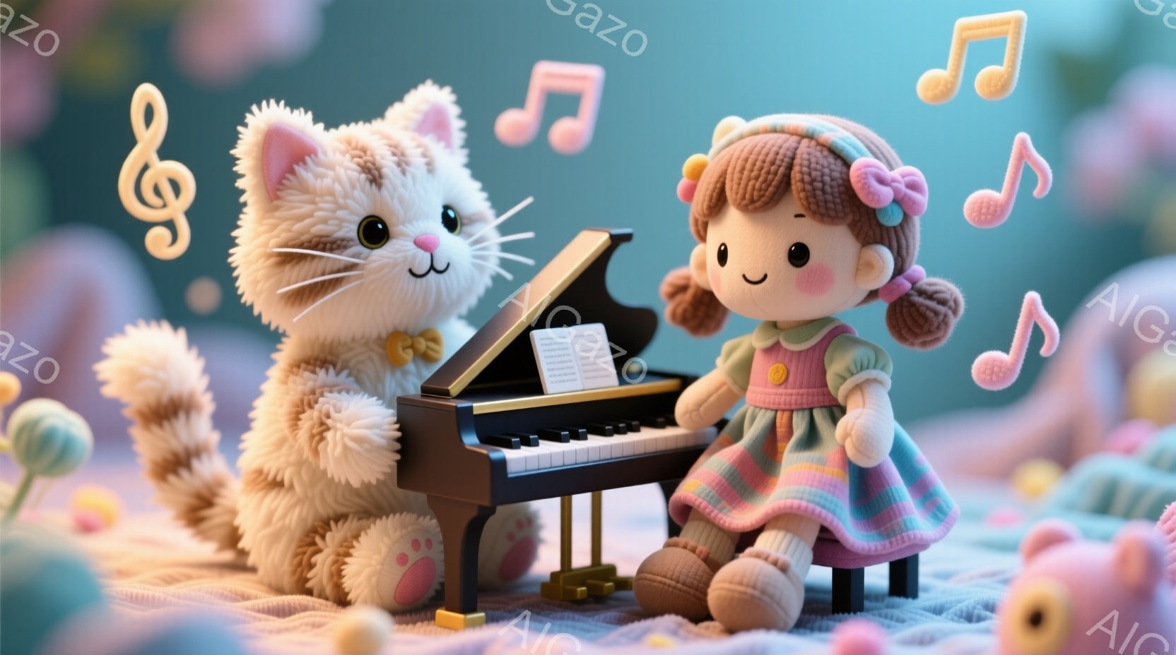 人形のような少女がピンクと水色のストライプのワンピースと赤いリボンをつけて座ってピアノを弾いています。彼女は茶色の巻き毛で、楽しそうな表情をしています。背景には、ふわふわしたぬいぐるみと音楽記号が浮かび、明るく暖かい雰囲気が漂っています。