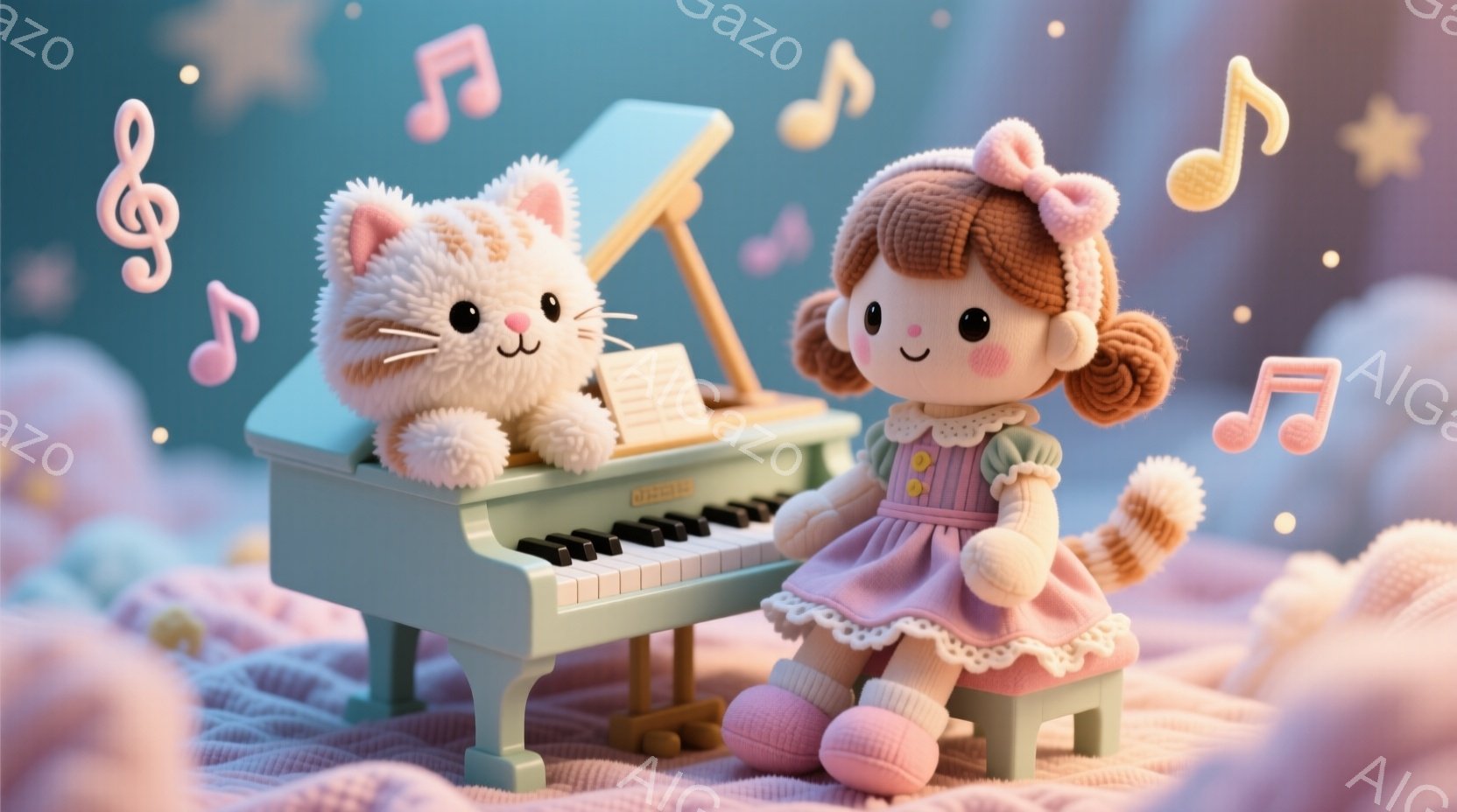 ぬいぐるみのような女の子が、薄いピンク色のドレスを着て、茶色の巻き毛の髪を二つに結んでいます。彼女は小さな青いピアノの前に座り、真剣な表情で何かを演奏しているようです。背景は淡いピンク色のぼかしで、空には音符が浮かび、全体的に暖かく、夢のような雰囲気です。