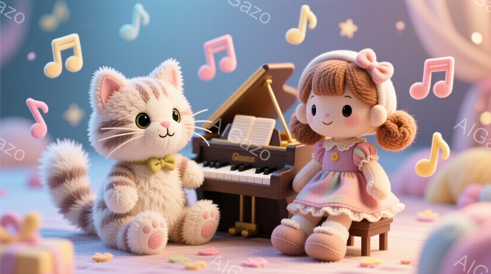 縞模様の猫と、ピンクの帽子とドレスを着た女の子の人形がピアノの前に座っています。猫は緑色の蝶ネクタイをつけており、楽しそうにピアノを聴いています。背景には、パステルカラーの建物と音楽記号が浮かび、夢のような、優しい雰囲気を醸し出しています。