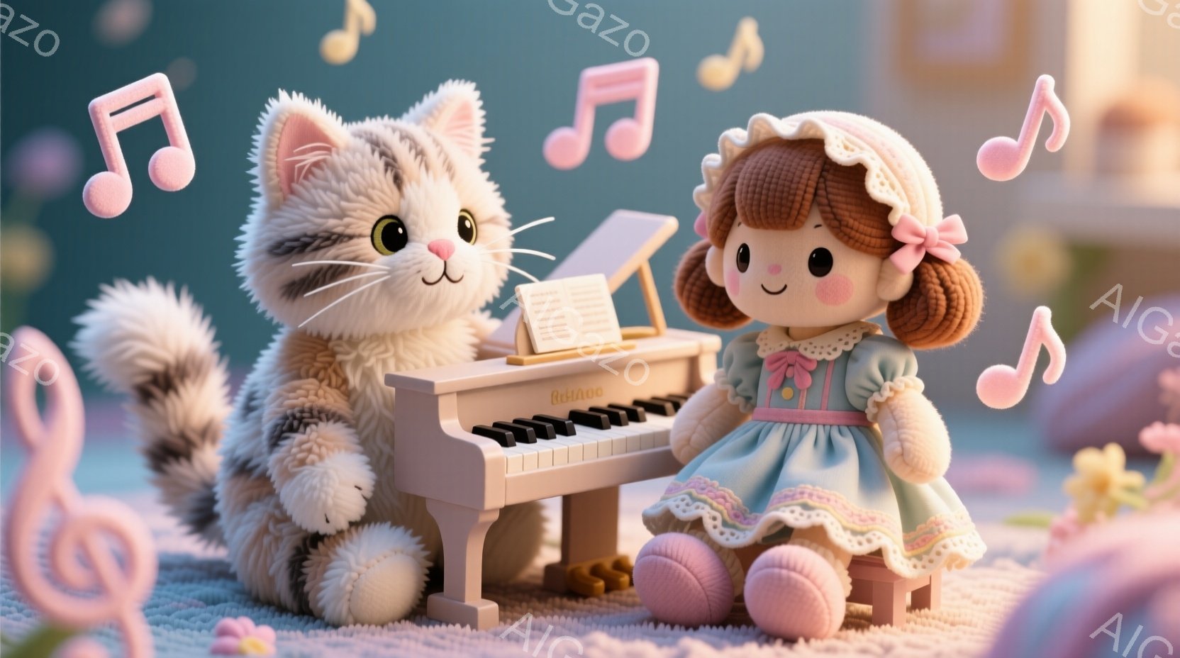 明るい青色の背景に、ピアノを弾く女の子の人形と、その様子を見守る縞模様の猫が描かれています。女の子は淡い水色のドレスに白いエプロンを身に着け、茶色の髪を三つ編みにし、優しい微笑みを浮かべています。背景には、ぼやけた花々や建物が見え、全体的に温かく穏やかな雰囲気が漂っています。