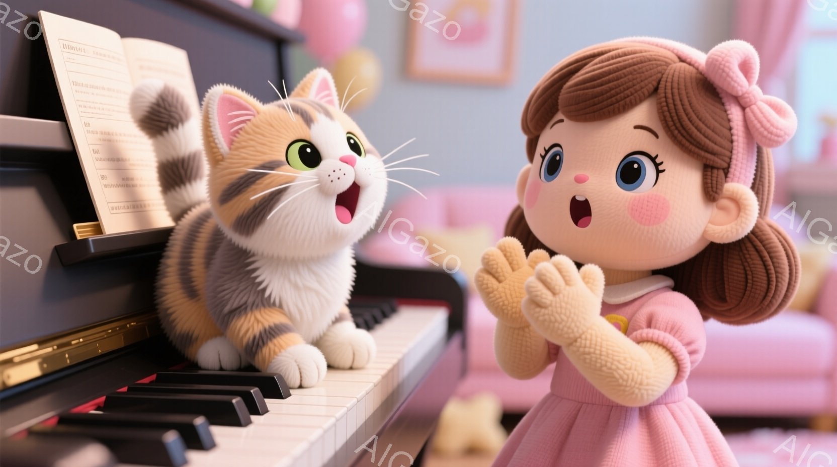 明るいピンク色のドレスを着た少女が、両手を合わせて喜びの表情を浮かべています。彼女の髪は茶色で、頭にはリボンをつけています。背景にはピアノがあり、その上で茶白模様の猫が口を開けて歌っているように見え、楽譜が置かれています。