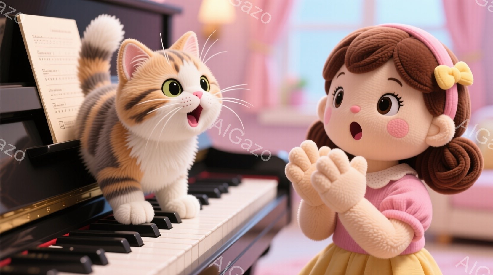 明るいピンク色のセーターと黄色のスカートを着た女の子が、両手を合わせて嬉しそうに微笑んでいます。茶色の巻き髪に大きな瞳が特徴です。背景には黒いピアノと楽譜があり、オレンジと白の縞模様の猫がピアノの鍵盤の上に立ち、口を開けて歌っているように見えます。