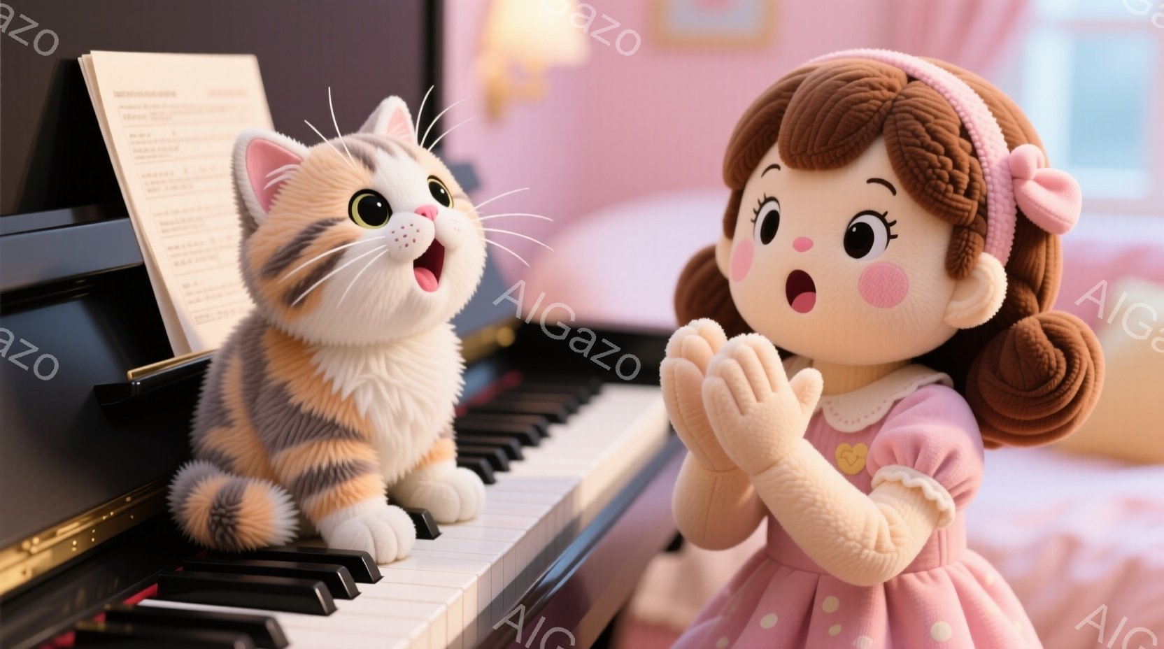 明るいピンク色の背景に、ピアノと猫、そして人形が写っています。猫はピアノの鍵盤の前に座り、口を開けて歌っているような表情をしています。人形はピンク色の水玉模様のドレスを着ており、両手を合わせて猫の歌を聴いている様子で、嬉しそうな表情をしています。