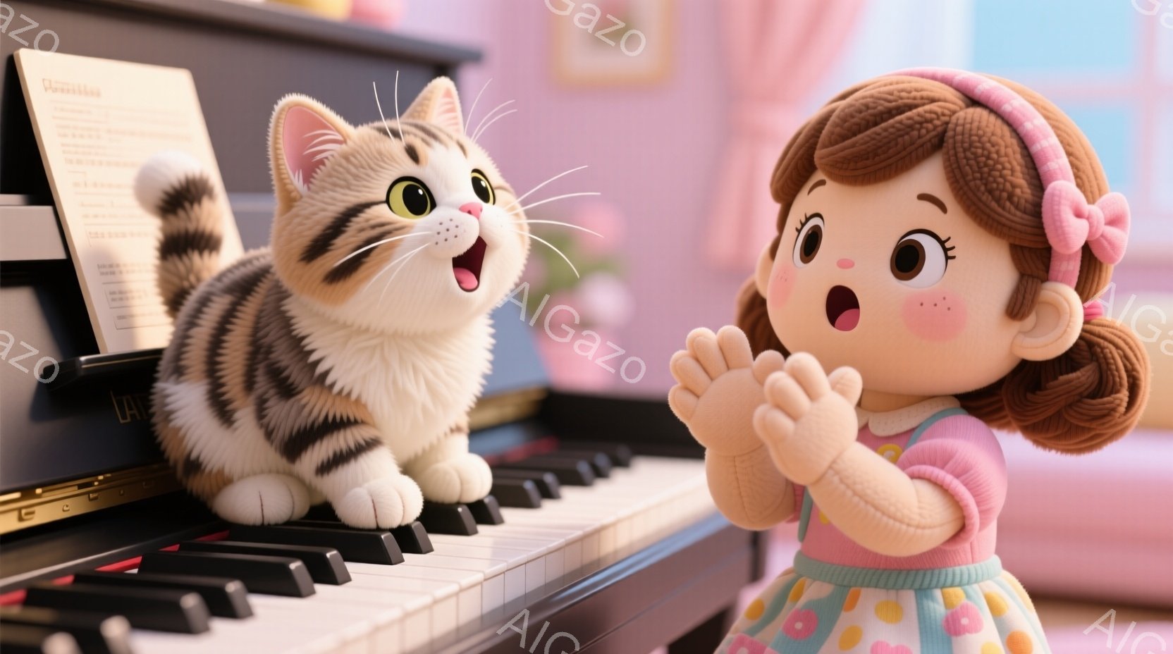 明るいピンク色の背景に、茶色の巻き毛の少女が嬉しそうに手を叩いています。彼女は水玉模様のストラップとピンクのドレスを着ており、大きな瞳と赤い頬が可愛らしいです。ピアノの上には縞模様の猫が立ち、楽譜を見ながら口を開けて歌っているように見えます。