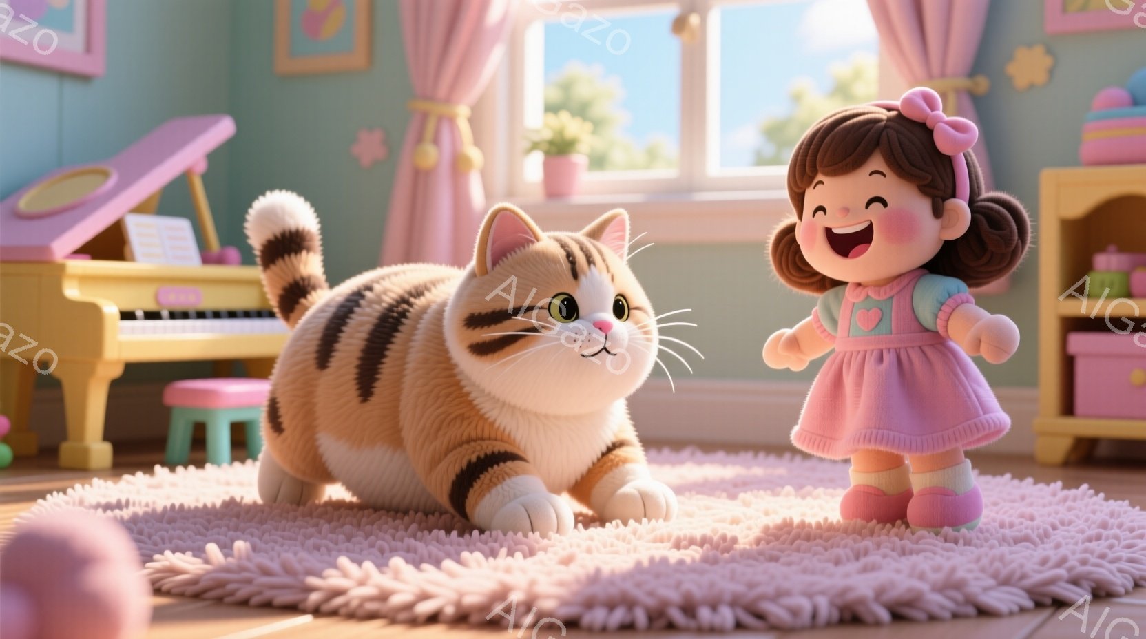 少女はピンク色のフリルのついたドレスと、ピンクと白の靴を履いており、明るい笑顔を浮かべて立っています。大きなオレンジ色の縞模様の猫が少女の前に横たわり、リラックスした様子でこちらを見ています。背景には、ピンク色のカーテン、ミニピアノ、そして色とりどりの収納ボックスが見え、全体的に温かく、遊び心のある雰囲気です。