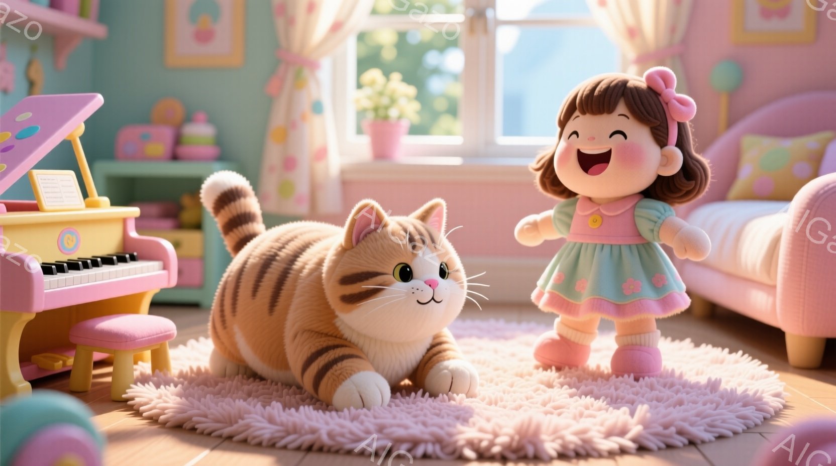 明るいピンク色のラグの上に、大きな縞模様の猫が横たわっています。そばには、緑色の花柄のワンピースを着た、茶色の髪を短く結んだ女の子が笑顔で立っており、ピンク色の靴を履いています。背景には、ピンクと緑の - AI生成フリー素材