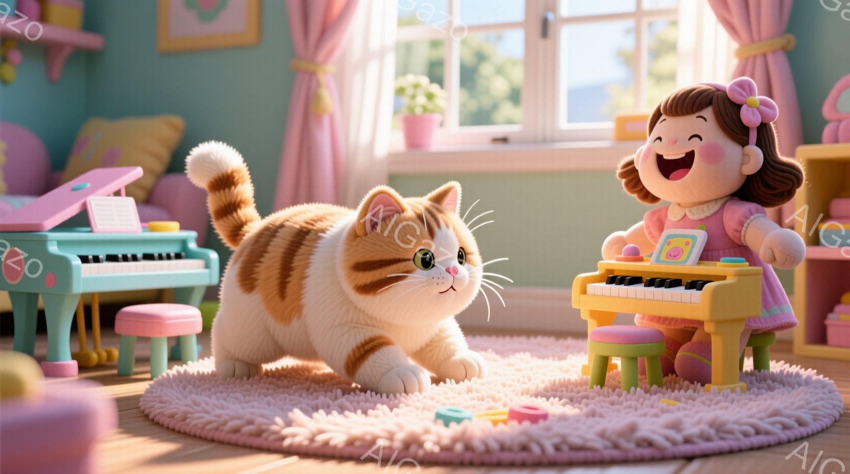 明るい色の部屋で、ピンクの服を着た女の子が小さな黄色いピアノを弾いています。彼女は茶色の巻き毛で、笑顔で、とても楽しそうです。オレンジと白の縞模様の大きな猫が彼女の前に歩いており、丸いピンク色のカーペットの上にカラフルな玩具が散らばっています。