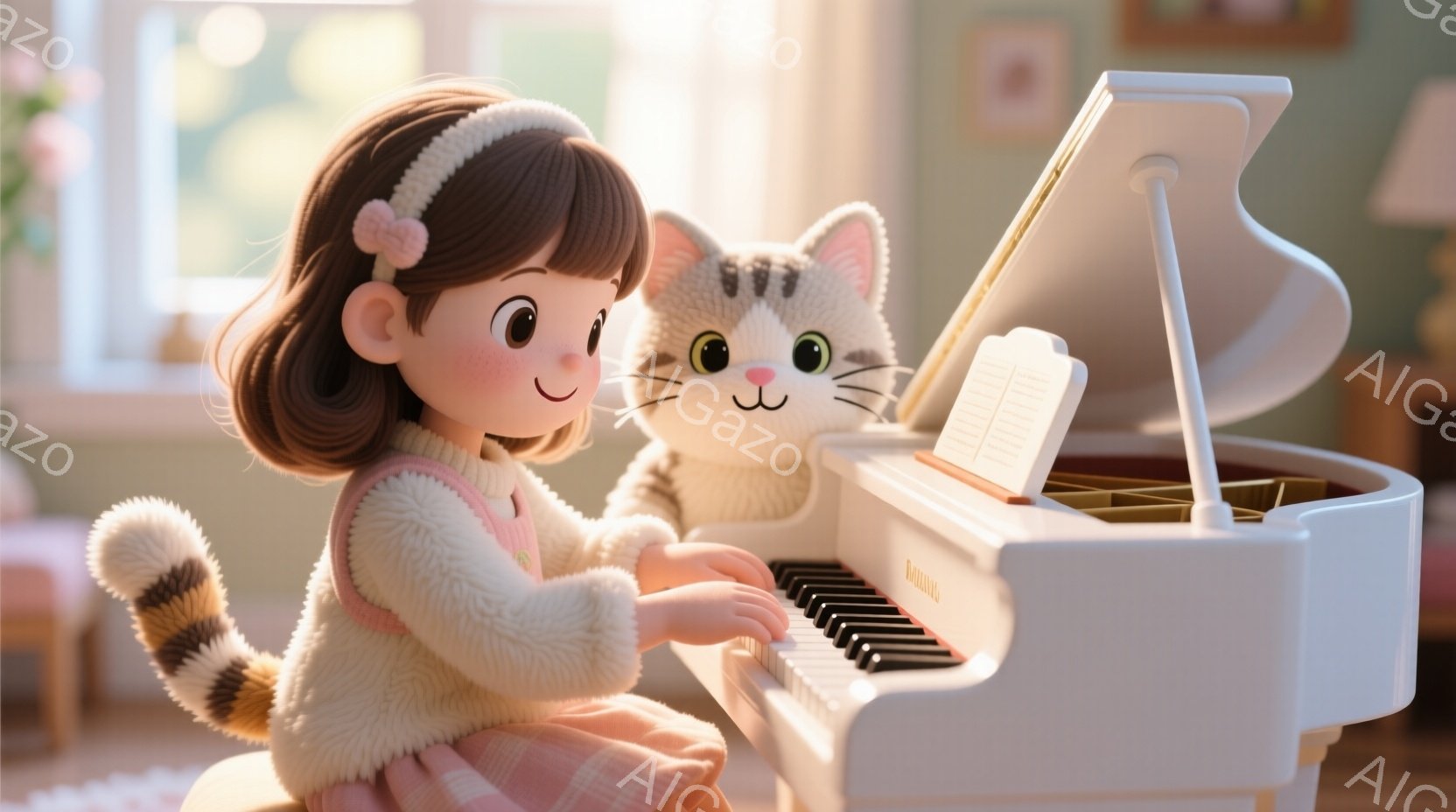 明るい茶色の髪にピンクのリボンをつけた少女が、白いピアノの前で演奏している。ピンクと白のチェック柄のドレスに白いふわふわのコートを着ており、猫のような尻尾が生えている。背景には、柔らかい光が差し込むリビングルームが見え、暖かく、遊び心のある雰囲気が漂っている。